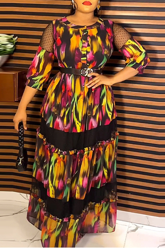 Yellow Elegant Print Patchwork With Belt O Neck Cake Skirt Dresses