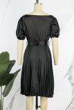 Black Casual Solid Patchwork With Belt V Neck Pleated Short Sleeve Dress