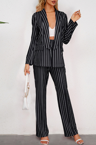 Black Casual Elegant Striped Patchwork Pocket Printing Turn-back Collar Long Sleeve Two Pieces