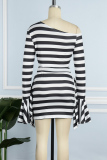 Stripe Casual Striped Print Patchwork Oblique Collar Long Sleeve Two Pieces