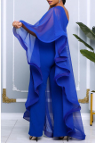 Blue Solid Color Sloping Shoulder Long Ruffle Sleeve Formal Party Vacation Wide Leg Jumpsuit