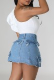The cowboy blue Casual Solid Ripped Patchwork Slit High Waist Skinny Denim Skirts