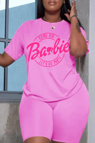 Pink Casual Print Basic O Neck Short Sleeve Two Pieces