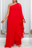 Red Solid Color Sloping Shoulder Long Ruffle Sleeve Formal Party Vacation Wide Leg Jumpsuit