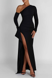 Black Sexy Solid Patchwork Backless High Opening Oblique Collar Irregular Dress Dresses