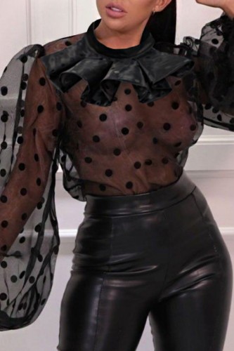 Black Casual Dot Patchwork See-through Half A Turtleneck Tops