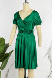Green Casual Solid Patchwork With Belt V Neck Pleated Short Sleeve Dress