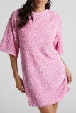 Pink Casual Patchwork Sequins Frenulum Backless O Neck Dresses