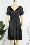 Black Casual Solid Patchwork With Belt V Neck Pleated Short Sleeve Dress