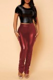 Black Casual Solid Fold Skinny High Waist Conventional Solid Color Trousers