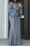 Grey Casual Patchwork Sequins V Neck Evening Dress Plus Size Dresses