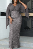 Grey Plus Size Sexy Elegant Hot Drilling Sequins Patchwork Sequined V Neck Wrapped Skirt Plus Size Dresses