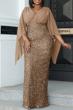 Gold Plus Size Sexy Elegant Hot Drilling Sequins Patchwork Sequined V Neck Wrapped Skirt Plus Size Dresses
