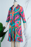 Rose Red Casual Print Patchwork Turndown Collar Long Sleeve Dresses