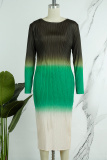 Green Casual Gradual Change Print Patchwork O Neck Long Sleeve Dresses(No Belt)
