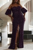 Purple Sexy Formal Patchwork Sequins Backless Slit Off the Shoulder Evening Dress Plus Size Dresses