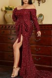 Burgundy Sexy Formal Patchwork Sequins Backless Slit Off the Shoulder Evening Dress Plus Size Dresses