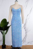 Blue Sexy Solid Sequins High Opening Strap Design Spaghetti Strap Irregular Dress Dresses