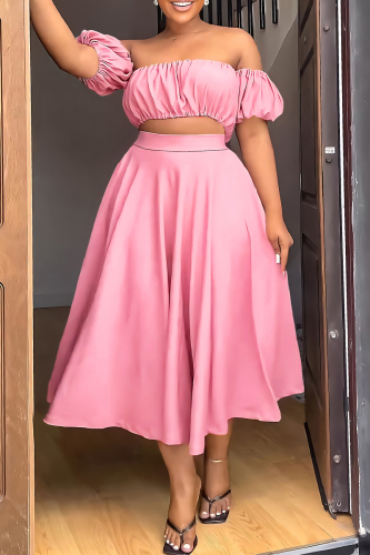 Pink Casual Solid Backless Off the Shoulder Short Sleeve Two Pieces
