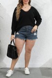 Black Casual Solid Basic V Neck Plus Size Tops