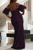 Purple Sexy Formal Patchwork Sequins Backless Slit Off the Shoulder Evening Dress Plus Size Dresses