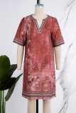 Khaki Casual Print Patchwork V Neck A Line Dresses