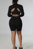 Black Sexy Solid Patchwork Backless U Neck Long Sleeve Three Pieces