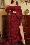 Burgundy Sexy Formal Patchwork Sequins Backless Slit Off the Shoulder Evening Dress Plus Size Dresses