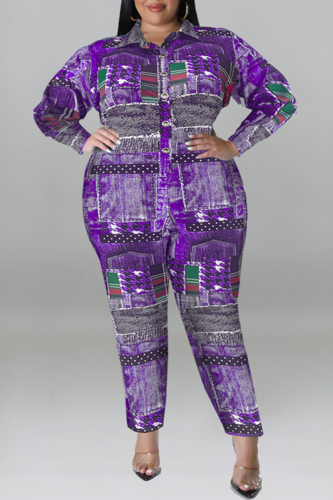Purple Casual Print Patchwork Buckle Turndown Collar Plus Size Jumpsuits
