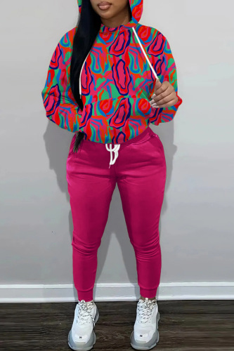 Rose Red Casual Print Basic Hooded Collar Long Sleeve Two Pieces