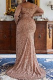 Gold Sexy Formal Patchwork Sequins Backless Slit Off the Shoulder Evening Dress Plus Size Dresses