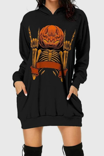 Black Orange Halloween Skull Pumpkin Bat Print Long Sleeve Club Party Fall Winter Hooded Mini Dress