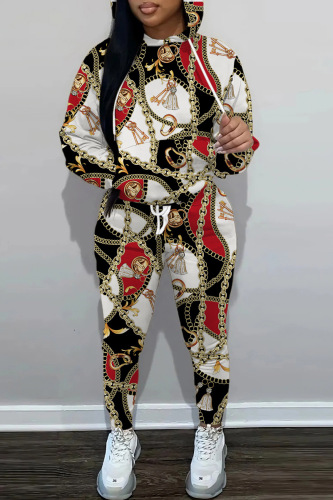 Black White Casual Print Patchwork Hooded Collar Long Sleeve Two Pieces