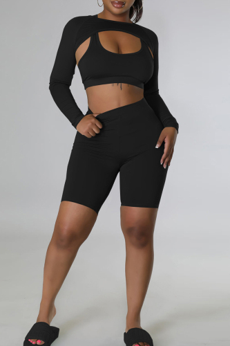 Black Sexy Solid Patchwork Backless U Neck Long Sleeve Three Pieces