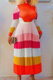 Orange Pink Casual Print Patchwork Pleated Half A Turtleneck Long Sleeve Two Pieces