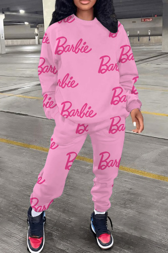 Pink Casual Letter Print Basic O Neck Long Sleeve Two Pieces