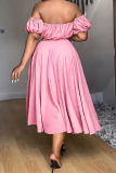 Pink Casual Solid Backless Off the Shoulder Short Sleeve Two Pieces