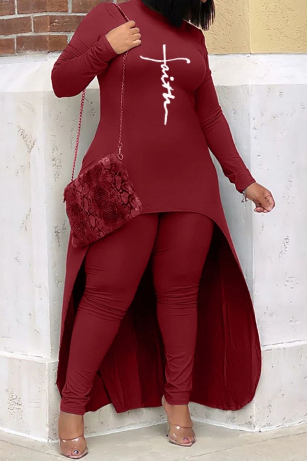 Burgundy Casual Print Basic O Neck Plus Size Two Pieces
