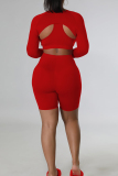 Red Sexy Solid Patchwork Backless U Neck Long Sleeve Three Pieces