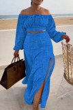 Blue Off Shoulder Long Sleeve Crop Top and High Slit Maxi Skirt Casual Vacation Two Piece Dress