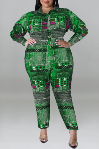 Green Casual Print Patchwork Buckle Turndown Collar Plus Size Jumpsuits