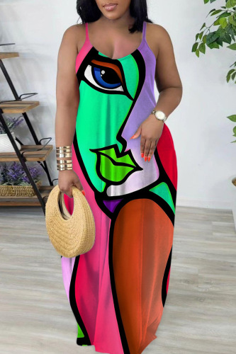 Green Sexy Casual Print Backless Spaghetti Strap Long Dress Dresses
