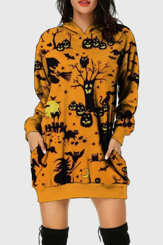 Orange Halloween Skull Pumpkin Bat Print Long Sleeve Club Party Fall Winter Hooded Mini Dress
