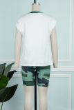 Green Casual Letter Camouflage Print Patchwork O Neck Short Sleeve Two Pieces (Subject To The Actual Object)