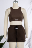 Coffee Casual Solid Basic O Neck Sleeveless Two Pieces