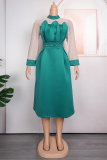 Green Casual Patchwork Hot Drill Half A Turtleneck A Line Plus Size Dresses (Subject To The Actual Object)