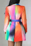 Colour Casual Print Patchwork Buttons With Belt Turn-back Collar Suit Dress Dresses
