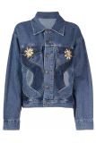 Blue Casual Color Lump Solid Hollowed Out Buttons Metal Accessories Decoration Turndown Collar Long Sleeve Regular Denim Jacket