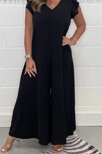 Black Casual Solid Basic V Neck Regular Jumpsuits