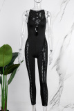 Black Sexy Casual Solid Hollowed Out See-through O Neck Skinny Jumpsuits